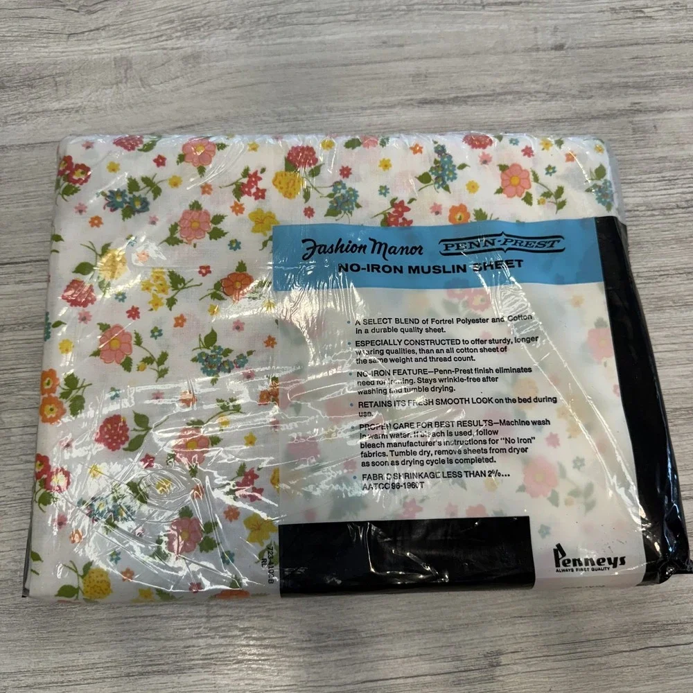 Vintage Penneys Fashion Manor Twin Bed Sheet Floral No-Iron Muslin 72x104‎ New